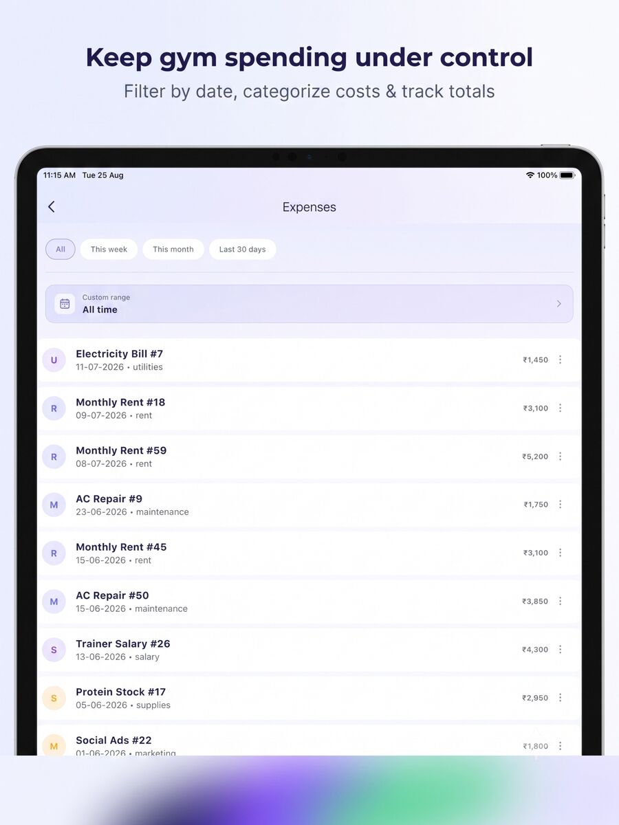 Gymnaro expenses screen on iPad