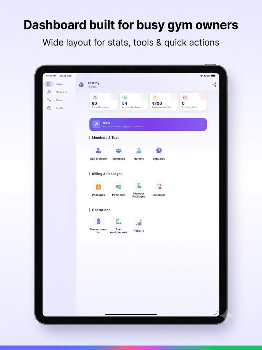 Gymnaro dashboard on iPad with members, revenue and expiring memberships