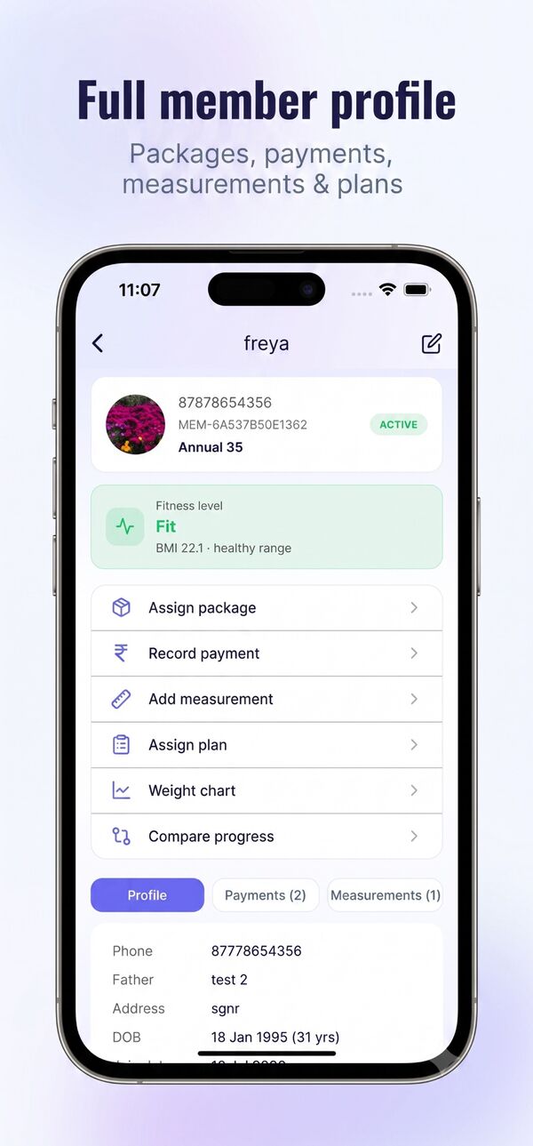 Gymnaro member profile with package, payments and measurements