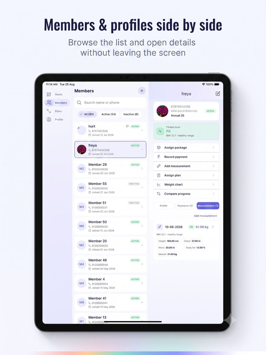 Gymnaro member list and profile side by side on iPad