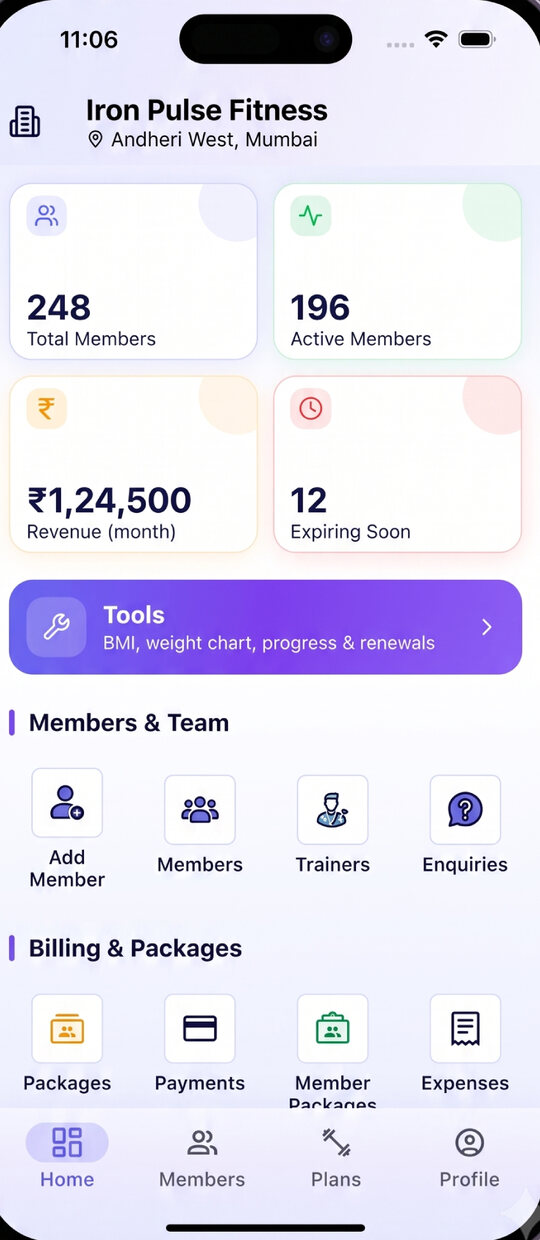 Gymnaro dashboard with total members, active members, monthly revenue and memberships expiring soon