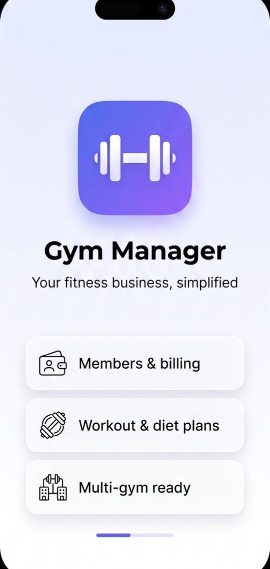 Gymnaro app welcome screen: members and billing, workout and diet plans, multi-gym