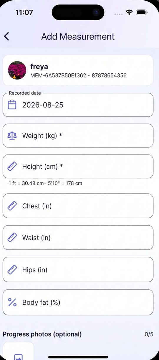 Adding body measurements for a member in Gymnaro