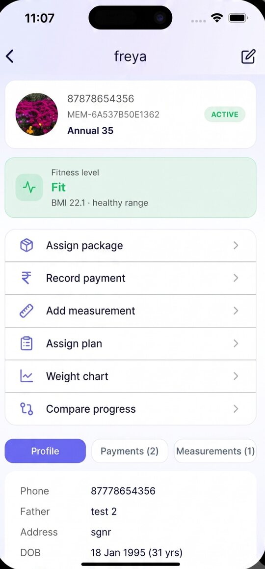 Gymnaro member profile with package, payments, measurements and plans