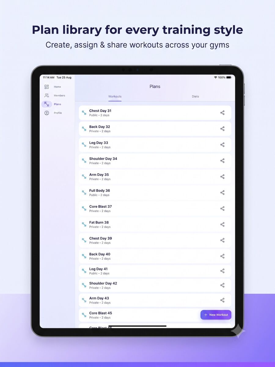 Gymnaro workout plan library on iPad